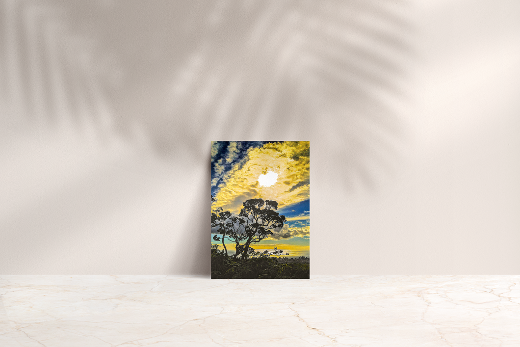 Ohia Tree Silhouette, Blue and Yellow Sky, Clouds, Oahu, Hawaii, Folded Note Card, Image