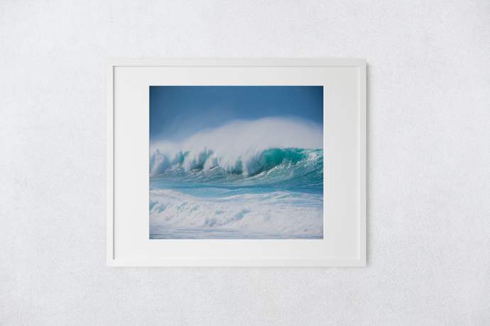 Large Ocean Waves, Sea Spray, Blue Sky, North Shore, Oahu, Hawaii, Matted Photo Print, Image