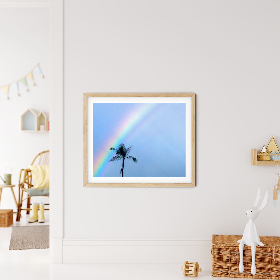 Rainbow, Coconut Palm Tree, Blue Sky, Waikiki, Oahu, Hawaii, Framed Matted Photo Print, Kids' Room Interior, Image