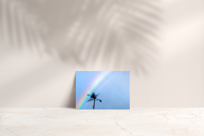 Rainbow, Coconut Palm Tree, Blue Sky, Waikiki, Oahu, Hawaii, Folded Note Card, Image