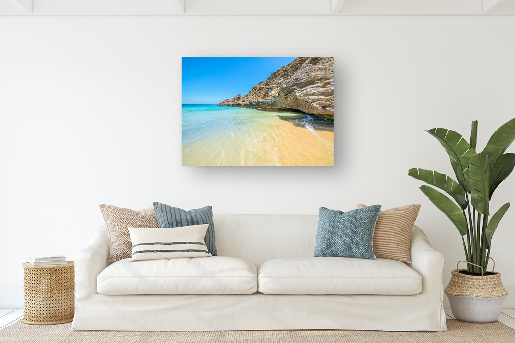 Clear Blue Saltwater, Lava Rock, Cove, Blue Sky, Oahu, Hawaii, Metal Art Print, Living Room Interior, Image