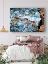Load image into Gallery viewer, Cliffs, Energetic Ocean, Waves, Rocks, Oahu, Hawaii, Metal Art Print, Bedroom Interior, Image

