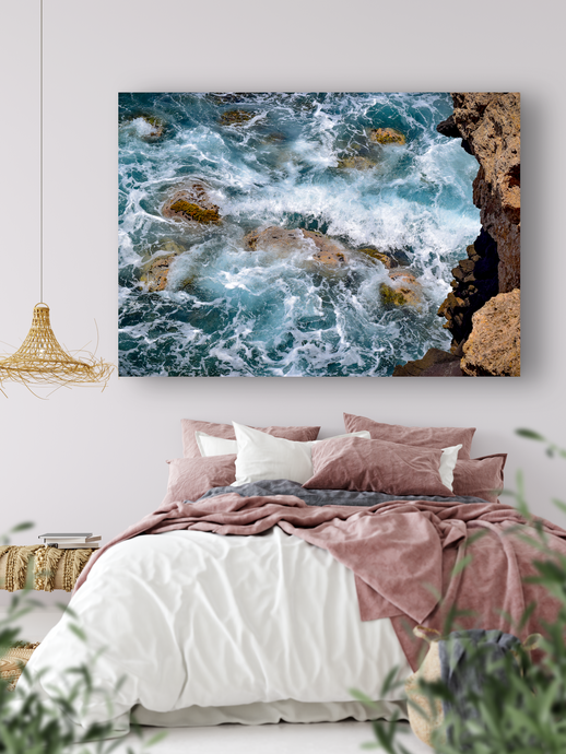 Cliffs, Energetic Ocean, Waves, Rocks, Oahu, Hawaii, Metal Art Print, Bedroom Interior, Image