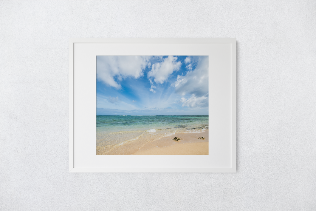 Beachscape, Sand, Teal Ocean, Blue Sky, Clouds, Matted Photo Print, Image