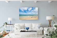Load image into Gallery viewer, Beachscape, Sand, Teal Ocean, Blue Sky, Clouds, Metal Art Print, Living Room Interior, Image
