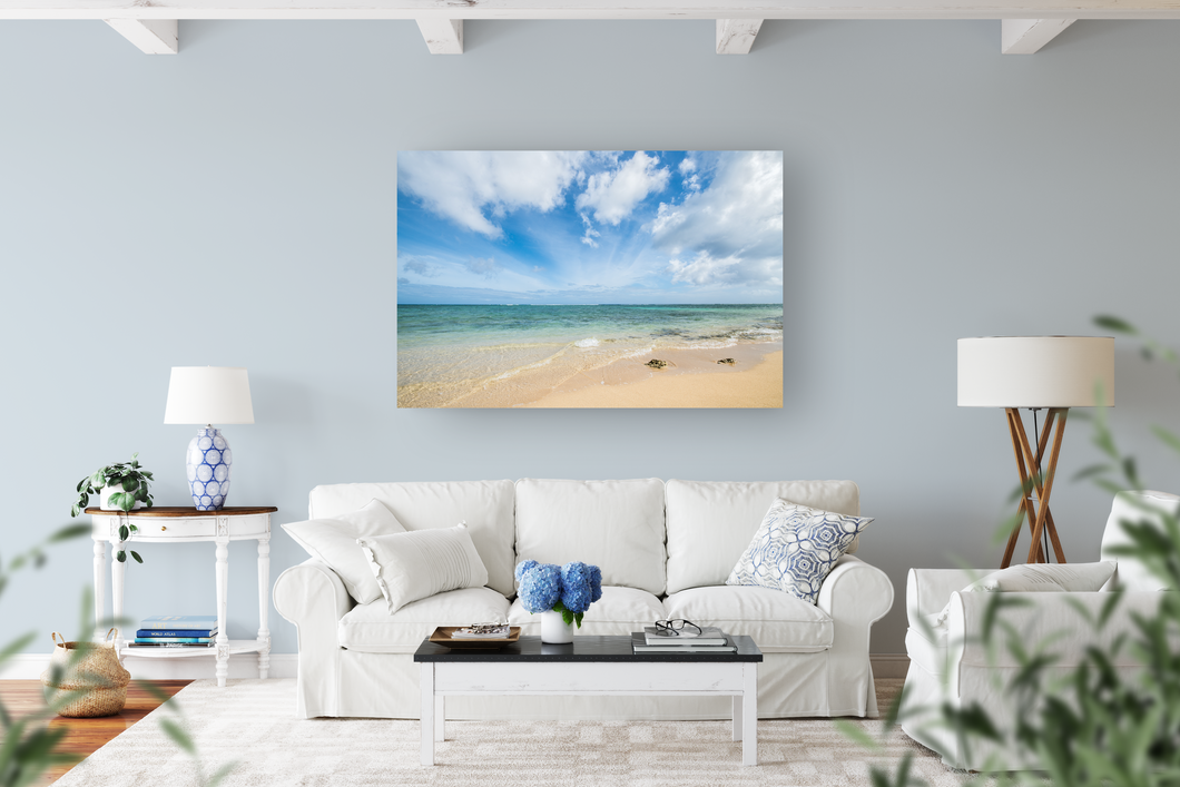 Beachscape, Sand, Teal Ocean, Blue Sky, Clouds, Metal Art Print, Living Room Interior, Image