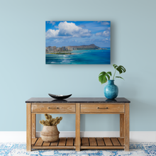 Load image into Gallery viewer, Diamond Head, Hilton Hawaiian Village, Surf Swell, Honolulu, Waikiki, Ocean, Sky, Clouds, Metal Art Print, Interior Entryway, Image
