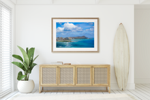 Load image into Gallery viewer, Diamond Head, Hilton Hawaiian Village, Surf Swell, Honolulu, Waikiki, Ocean, Sky, Clouds, Framed Matted Photo Print, Interior Entryway, Image
