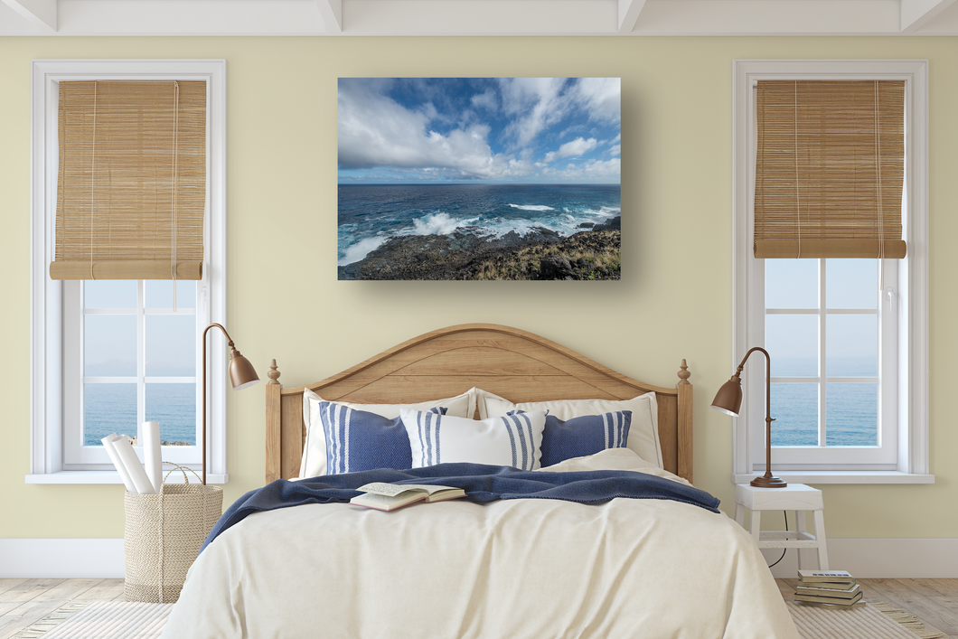Lava Rock Mountainside, Crashing Waves, Puffy Clouds, Ocean, Sky, Oahu, Hawaii, Metal Art Print, Bedroom Interior, Image