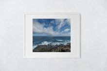 Load image into Gallery viewer, Lava Rock Mountainside, Crashing Waves, Puffy Clouds, Ocean, Sky, Oahu, Hawaii, Matted Photo Print, Image
