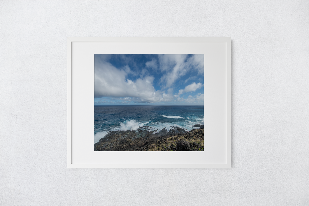 Lava Rock Mountainside, Crashing Waves, Puffy Clouds, Ocean, Sky, Oahu, Hawaii, Matted Photo Print, Image