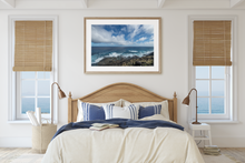 Load image into Gallery viewer, Lava Rock Mountainside, Crashing Waves, Puffy Clouds, Ocean, Sky, Oahu, Hawaii, Framed Matted Photo Print, Bedroom Interior, Image
