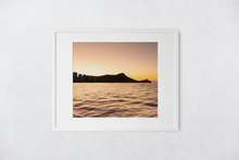 Load image into Gallery viewer, Sunrise, Golden Sky, Diamond Head, Ocean, Sihouettes, Waikiki, Oahu, Hawaii, Framed Matted Photo Print, Image
