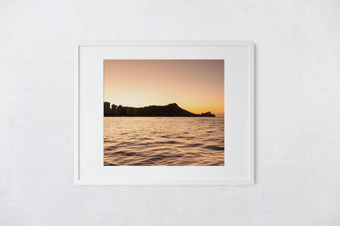 Sunrise, Golden Sky, Diamond Head, Ocean, Sihouettes, Waikiki, Oahu, Hawaii, Framed Matted Photo Print, Image