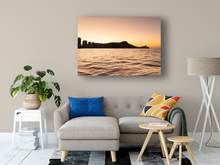 Load image into Gallery viewer, Sunrise, Golden Sky, Diamond Head, Ocean, Sihouettes, Waikiki, Oahu, Hawaii, Metal Art Print, Living Room Interior, Image
