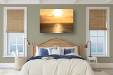 Load image into Gallery viewer, Bright Sun, Golden Sky, Clouds, Ocean, Catamaran Sail Boat, Waikiki, Oahu, Hawaii, Metal Art Print, Bedroom Interior, Image
