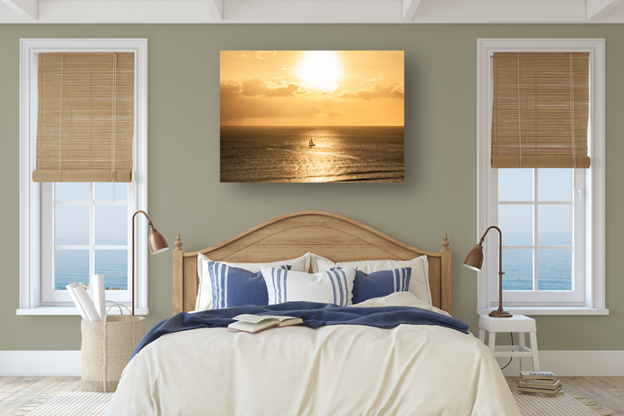 Bright Sun, Golden Sky, Clouds, Ocean, Catamaran Sail Boat, Waikiki, Oahu, Hawaii, Metal Art Print, Bedroom Interior, Image