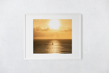 Load image into Gallery viewer, Bright Sun, Golden Sky, Clouds, Ocean, Catamaran Sail Boat, Waikiki, Oahu, Hawaii, Matted Photo Print, Image
