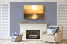 Load image into Gallery viewer, Bright Sun, Golden Sky, Clouds, Ocean, Catamaran Sail Boat, Waikiki, Oahu, Hawaii, Metal Art Print, Living Room Interior, Image
