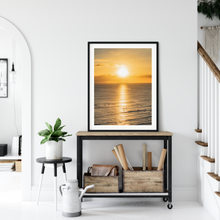 Load image into Gallery viewer, Ocean, Sunset, Golden Sky, Surfers, Waves, Waikiki, Oahu, Hawaii, Framed Matted Photo Print, Interior Entryway, Image
