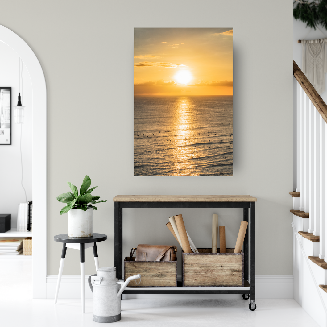 Ocean, Sunset, Golden Sky, Surfers, Waves, Waikiki, Oahu, Hawaii, Metal Art Print, Interior Entryway, Image