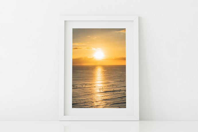 Ocean, Sunset, Golden Sky, Surfers, Waves, Waikiki, Oahu, Hawaii, Matted Photo Print, Image