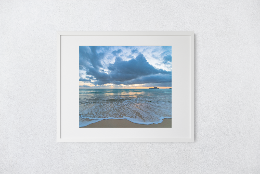 Sunrise, pastel light, billowing clouds, rushing saltwater, Waimanalo Beach, Oahu, Hawaii, Matted Photo Print, Image