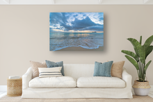 Load image into Gallery viewer, Sunrise, pastel light, billowing clouds, rushing saltwater, Waimanalo Beach, Oahu, Hawaii, Metal Art Print, Living Room Interior, Image
