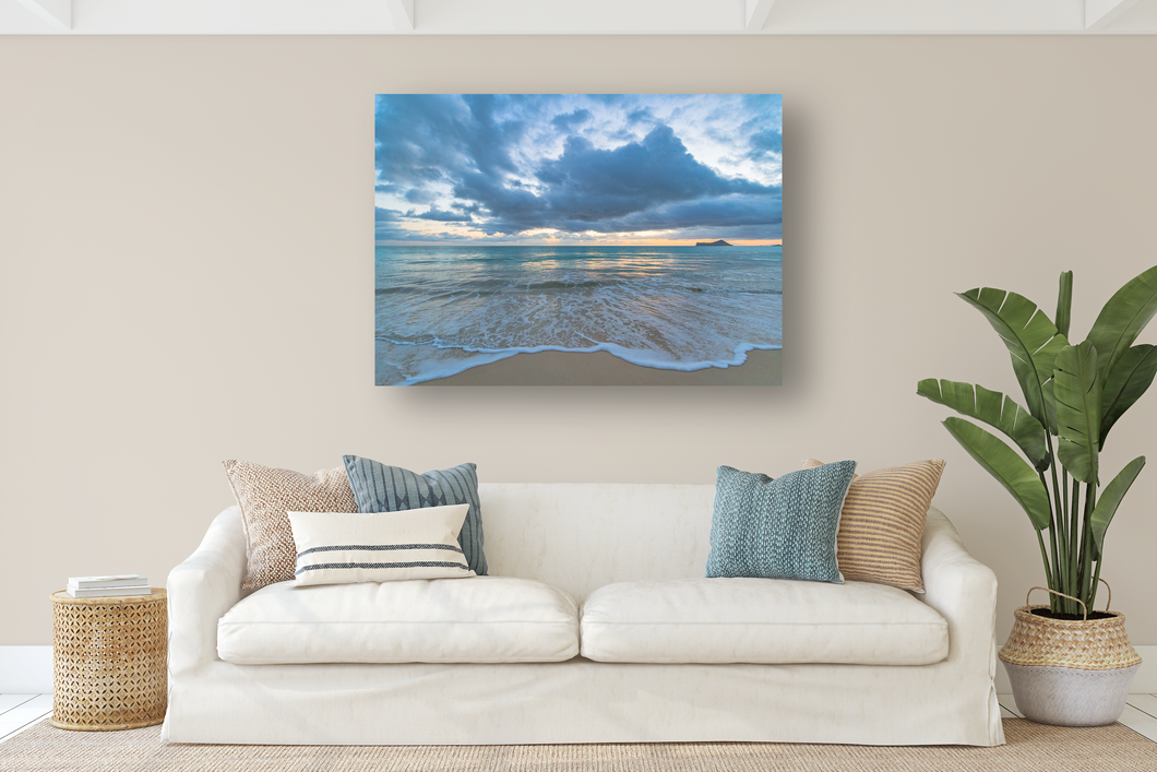 Sunrise, pastel light, billowing clouds, rushing saltwater, Waimanalo Beach, Oahu, Hawaii, Metal Art Print, Living Room Interior, Image
