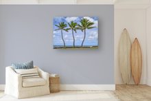 Load image into Gallery viewer, Three Coconut Palm Trees, Ocean, Grass, Puffy Clouds, Sky, Oahu, Hawaii, Metal Art Print, Living Room Interior, Image

