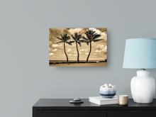 Load image into Gallery viewer, Black and White, Three Coconut Palm Trees, Ocean, Puffy Clouds, Sky, Oahu, Hawaii, Metal Art Print, Interior Bedroom, Entryway, Image
