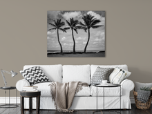 Load image into Gallery viewer, Black and White, Three Coconut Palm Trees, Ocean, Puffy Clouds, Sky, Oahu, Hawaii, Metal Art Print, Living Room, Image
