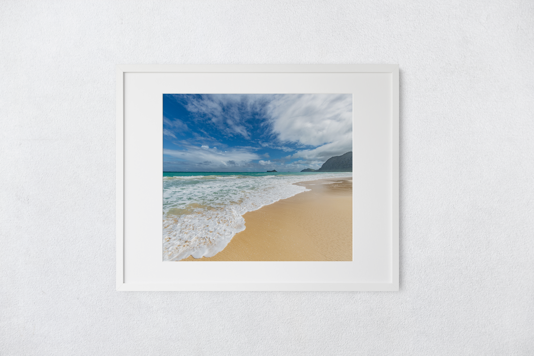 Waimanalo Beach, Ocean, Sand, Blue Sky, Clouds, Oahu, Hawaii, Matted Photo Print, Image