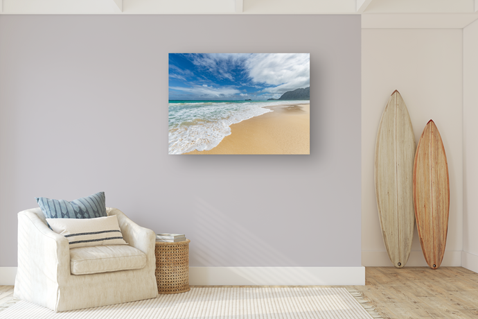 Waimanalo Beach, Ocean, Sand, Blue Sky, Clouds, Oahu, Hawaii, Metal Art Print, Interior Living Room, Image