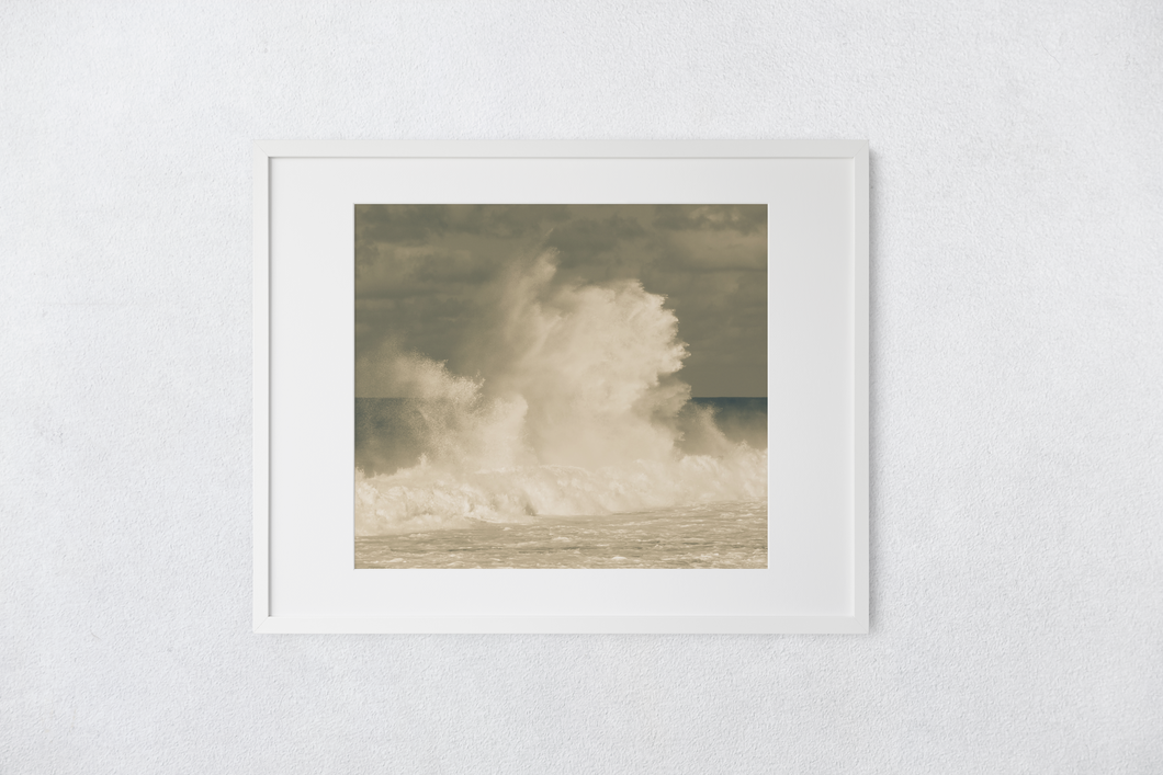 Giant Crashing Wave, Muted Tones, Cloudy Sky, Ocean, North Shore, Oahu, Hawaii, Matted Photo Print, Image