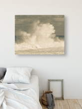 Load image into Gallery viewer, Giant Crashing Wave, Muted Tones, Cloudy Sky, Ocean, North Shore, Oahu, Hawaii, Metal Art Print, Bedroom Interior,  Image

